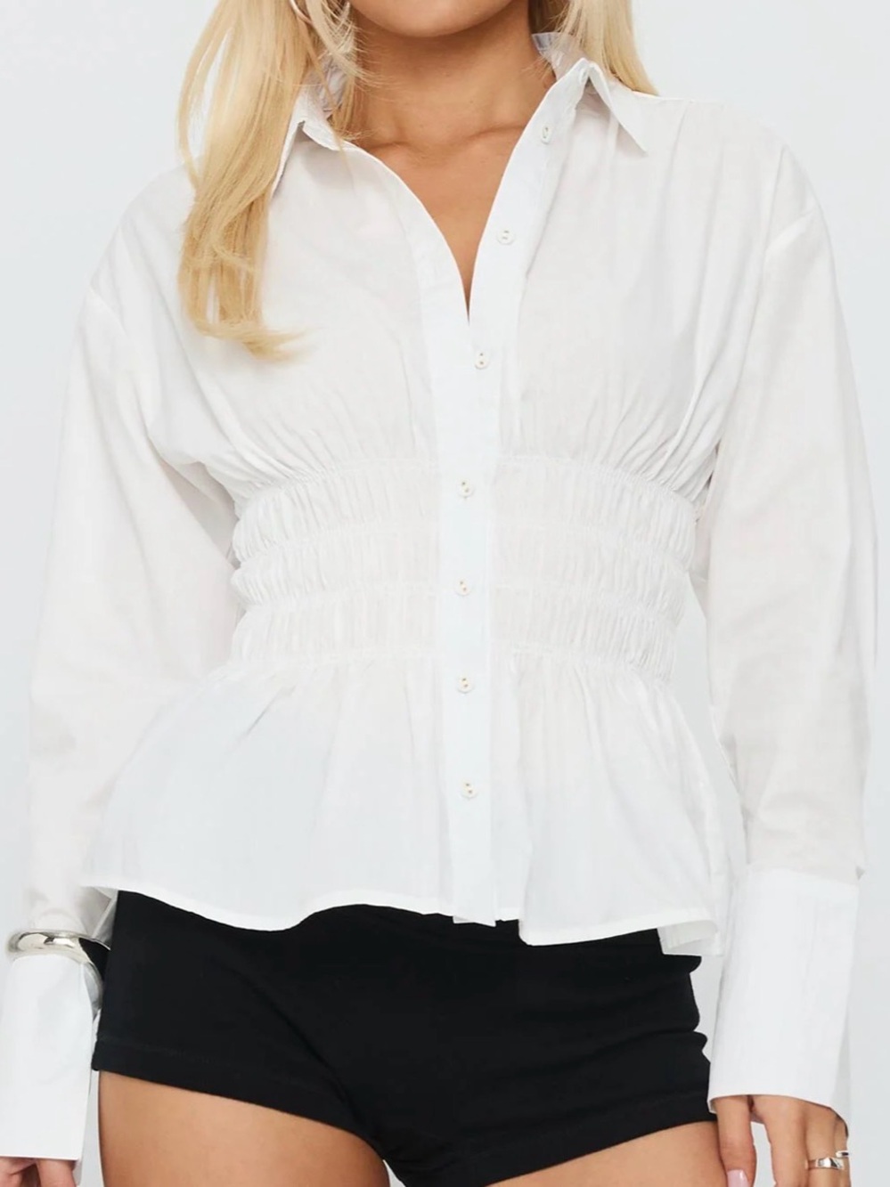PRINCESS POLLY White Smocked Waist Button-Front Women’s Shirt SZ 2 NWT